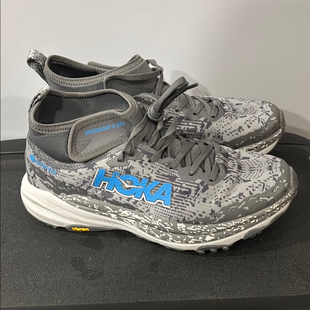 Hoka Speedgoat 6 GTX Gray and Blue Trail Shoes